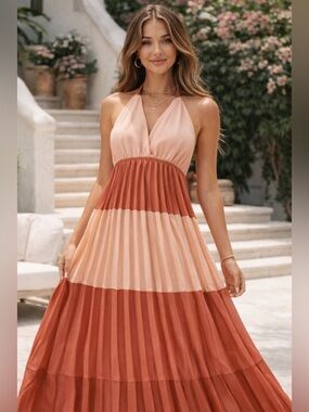 Pink Lily Pleated Halter Maxi Dress, Size S – Boho Chic Summer Elegant